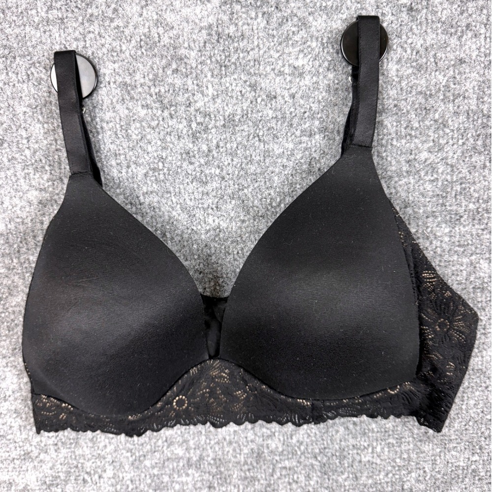 Aerie Sunnie Wireless Bra 38C Black Floral Lace Trim Real Good Padded Comfort